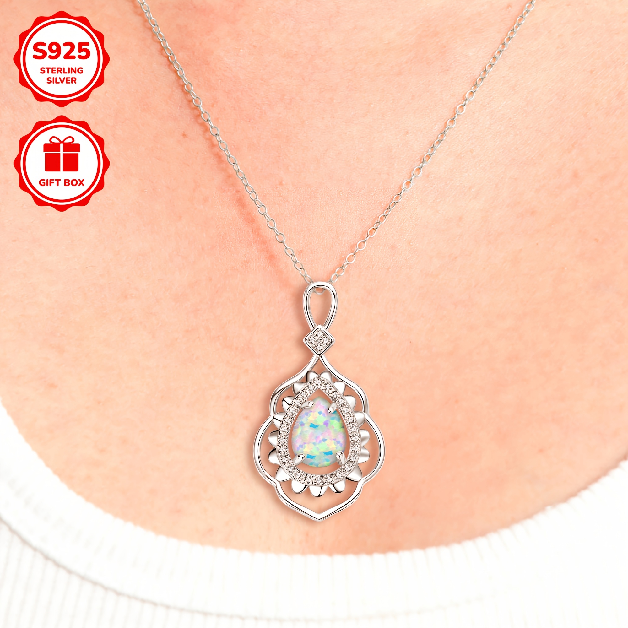 925 Silver Opal Pendant Necklace with Zirconia Studded - Bohemian Vintage Style